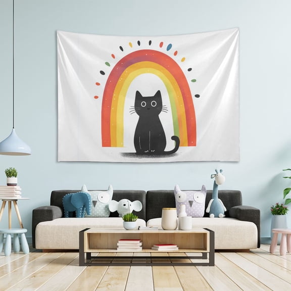 Yayeee Tapestry Wall Hanging for Bedroom 60 x 40" Home Decoration for Living Room, Black Cat Rainbow