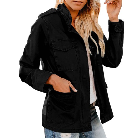 Duoif Womens Jacket Ladies Utility Jacket Stand up Collar Parka Lightweight with Multiple Pockets Autumn Jackets for Women Black M