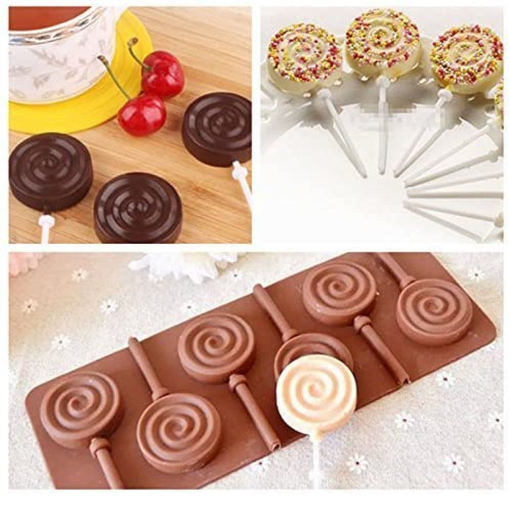 COOKNBAKE Round Silicone Mold for Lollipop Hard Candy Chocolate Cake  Decorating With 24pcs Reusable Sticks Swirl Shape Set of 4