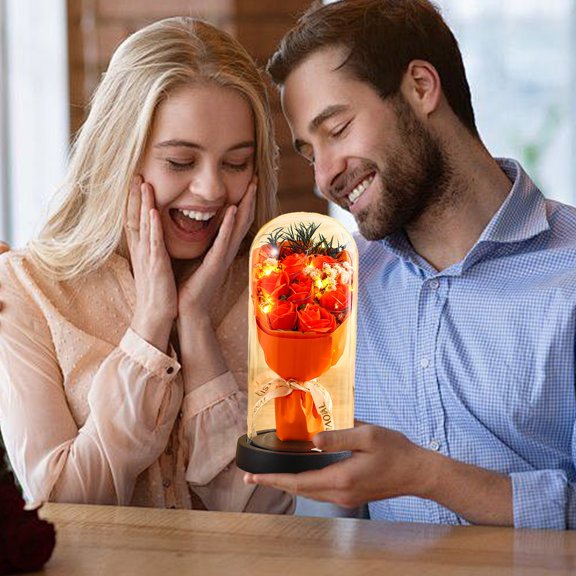 Weloille Rose Flowers Gifts for Women, Rose Bouquet in Glass Dome with LED Light, Birthday Gifts for Her, Preserved Rose Gifts for Valentines, Anniversaries