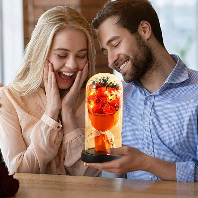 Xihbxyly Rosa Eterna, Flor Preservada En Cúpula de Cristal, Decoración Floral con Luz Led, Regalo Romántico para Ella, Día de La Madre, San Valentín, Cumpleaños, 21 Cm de Alto, Base de Madera
