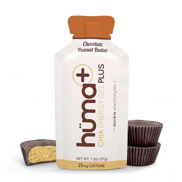 Huma Plus (Doble Electrolito) - Gel Energético de Chía, Chocolate y Mantequilla de Cacahuete, 24 Geles - Geles Energéticos de Alimentos Reales, Apto para el Diarrea