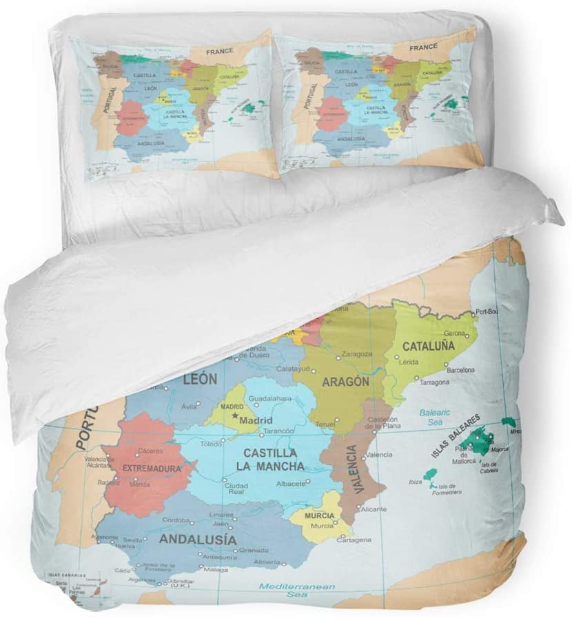 Kxmdxa 3 Piece Bedding Set Blue Aragon Spain Map Detailed Barcelona Capital Cities Catalonia City Color Twin Size Duvet Cover With 2 Pillowcase For, Spanish Super King Bed Size Uk