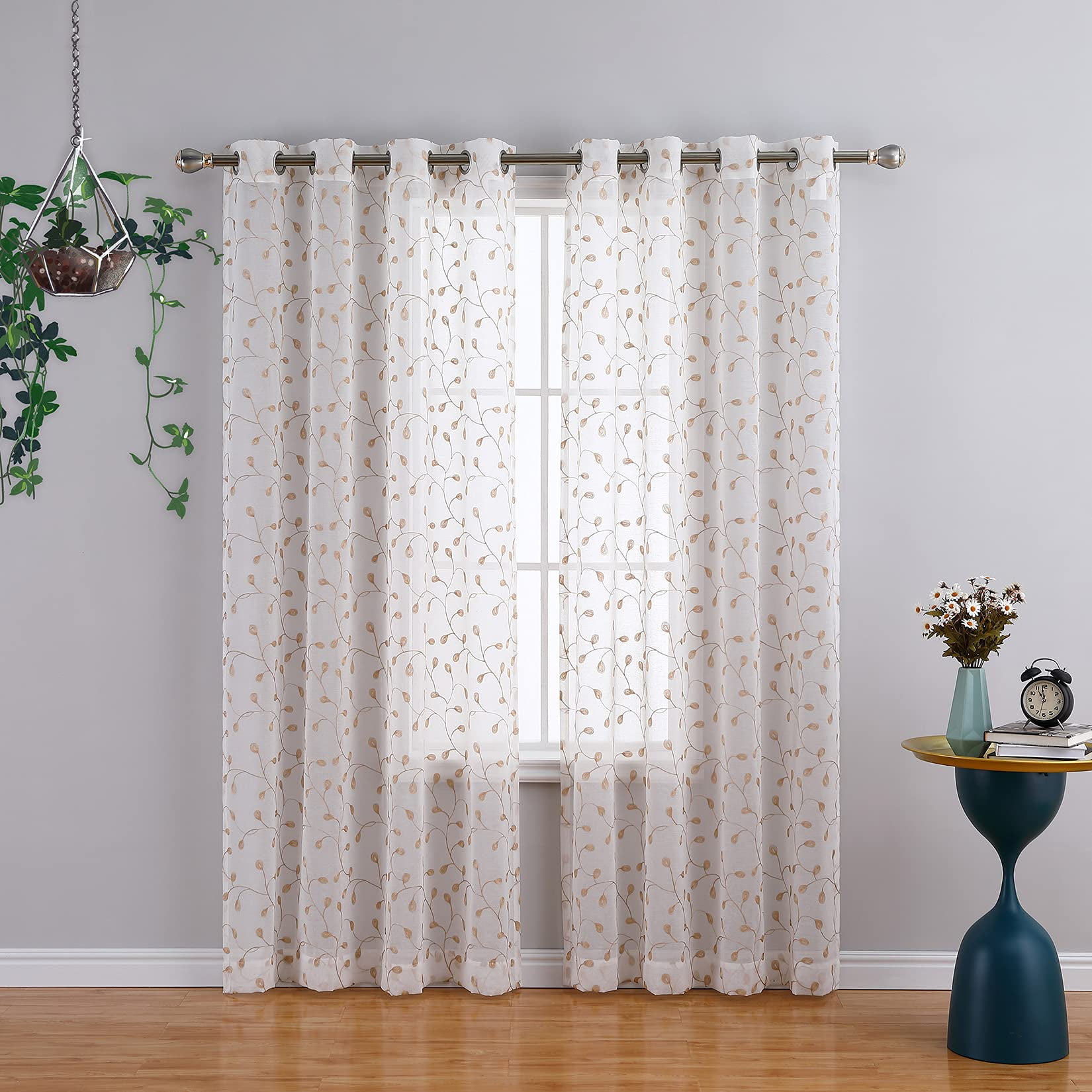 HAEMORE Embroidered Sheer Curtains 52 Inch Wide Bedroom Window Curtain
