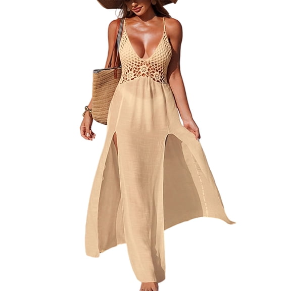 Aellinatey Women Crochet Side Split Swimsuit Coverup Full Length Backless Beach Dress