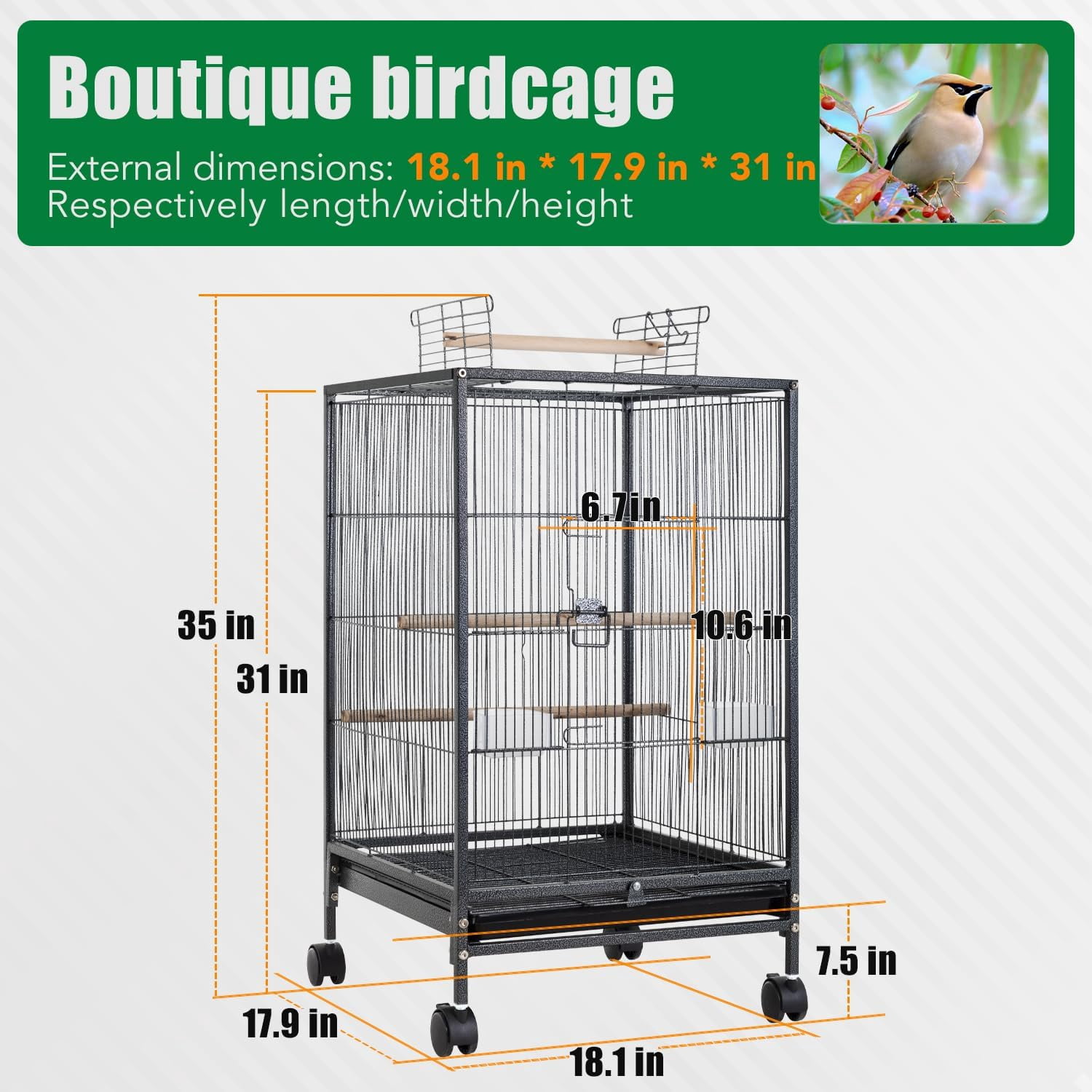 CL.HPAHKL 35 inch Bird Cage with Rolling Stand, Metal Birdcage Parakeet Cage for Parakeets Cockatiel Canary Finch Lovebird Parrotlet Pigeons, Black