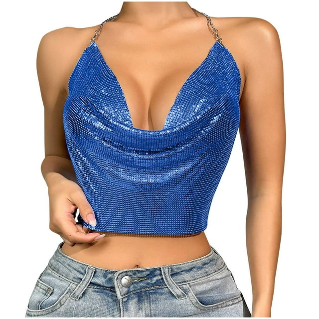Tauxra Women's Sequin Halter Top Open Back Polyester Blouse For Night Out Club Party