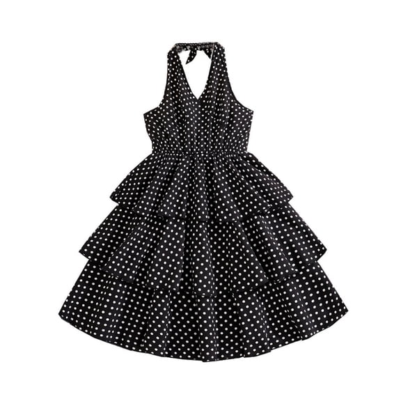 oqasdz Girls Dresses Polka Dot Print V Neck Backless Elasitc Waist Cinching Tiered Flared Vintage Sunderss for Kids Youth Summer Dress