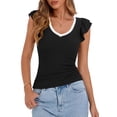 thumbnail image 1 of T-Shirts d'Été Sans Manches à Volants Col en V Ajusté pour Femmes Noir & Blanc P, 1 of 7