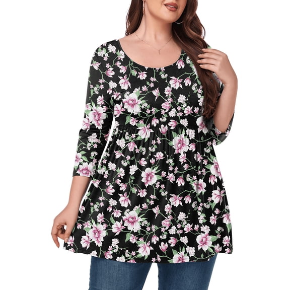 Women's Plus Size Round Neck Tunic Blouse 3/4 Sleeve Floral Loose T-Shirt 0X-5X