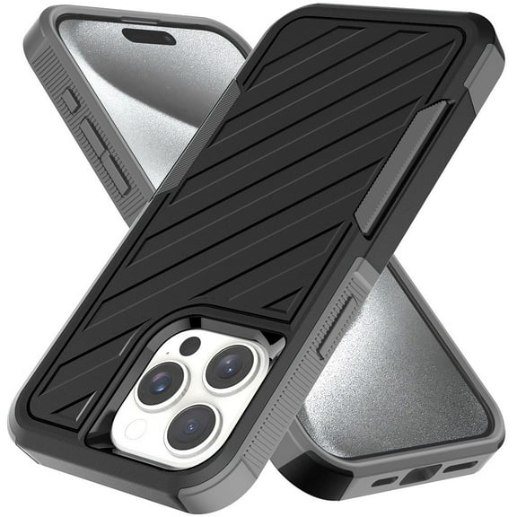 Designed for Apple iPhone 15 Pro Max (6.7") Hybrid lined shockproof dual layer Rugged 2in1 Hard & Silicone TPU Non Slip Textured Tough Armor Phone Case Cover [Black]
