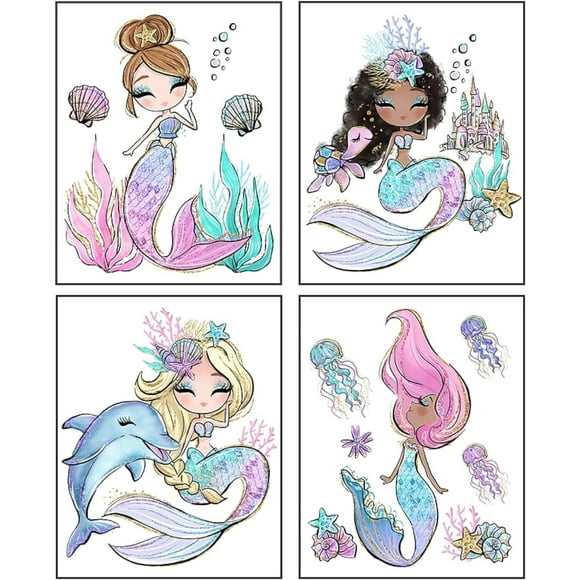 Mermaid Canvas Art Wall Decor - Set of 4 Watercolor Ocean Prints for Bathroom, Girls Bedroom, Nursery - Posters for Teen Girls Room 8x10 inch Unframed