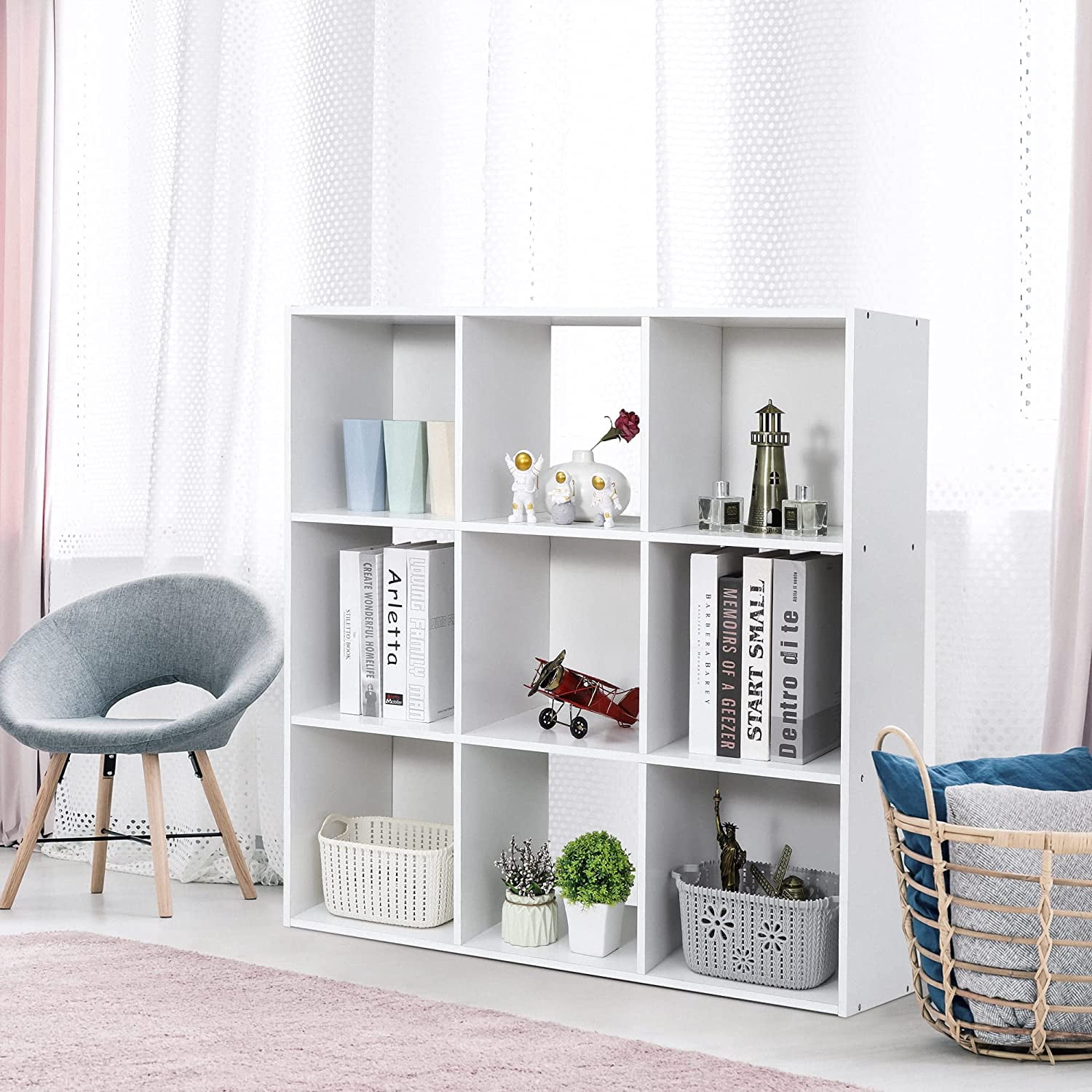 9 Cube Storage Organizer 11 inch Cube Storage Shelf 3 x 3 Wood Bookcase Display Bookshelf with 5 Removable Back Panels for Kids Children Home, Office, Bedroom, Living Room, White