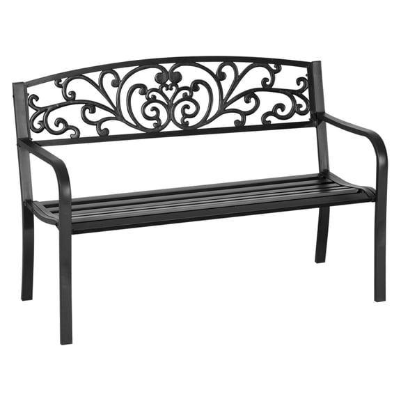 50" Outdoor , Metal Garden with Floral Pattern Backrest, Porch with Slatted Seat for Park, Yard, Lawn, Black