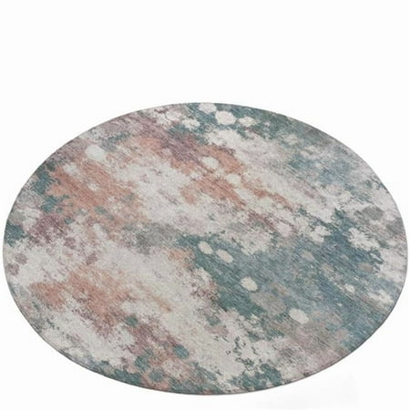 HomeRoots 631971 8 ft. Coral & Teal Blue Round Abstract Washable Indoor & Outdoor Area Rug