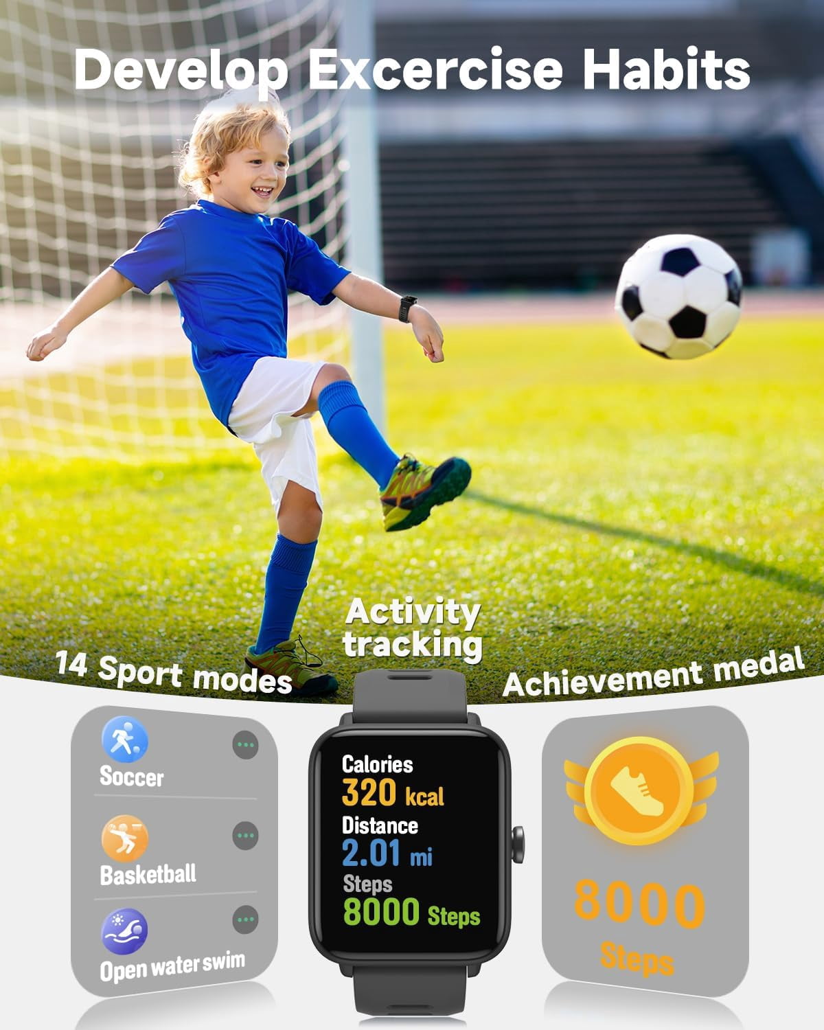 BIGGERFIVE Kids Smart Watch, 1.5''HD Touchscreen Fitness Tracker for Girls Boys, 5ATM Waterproof, Black