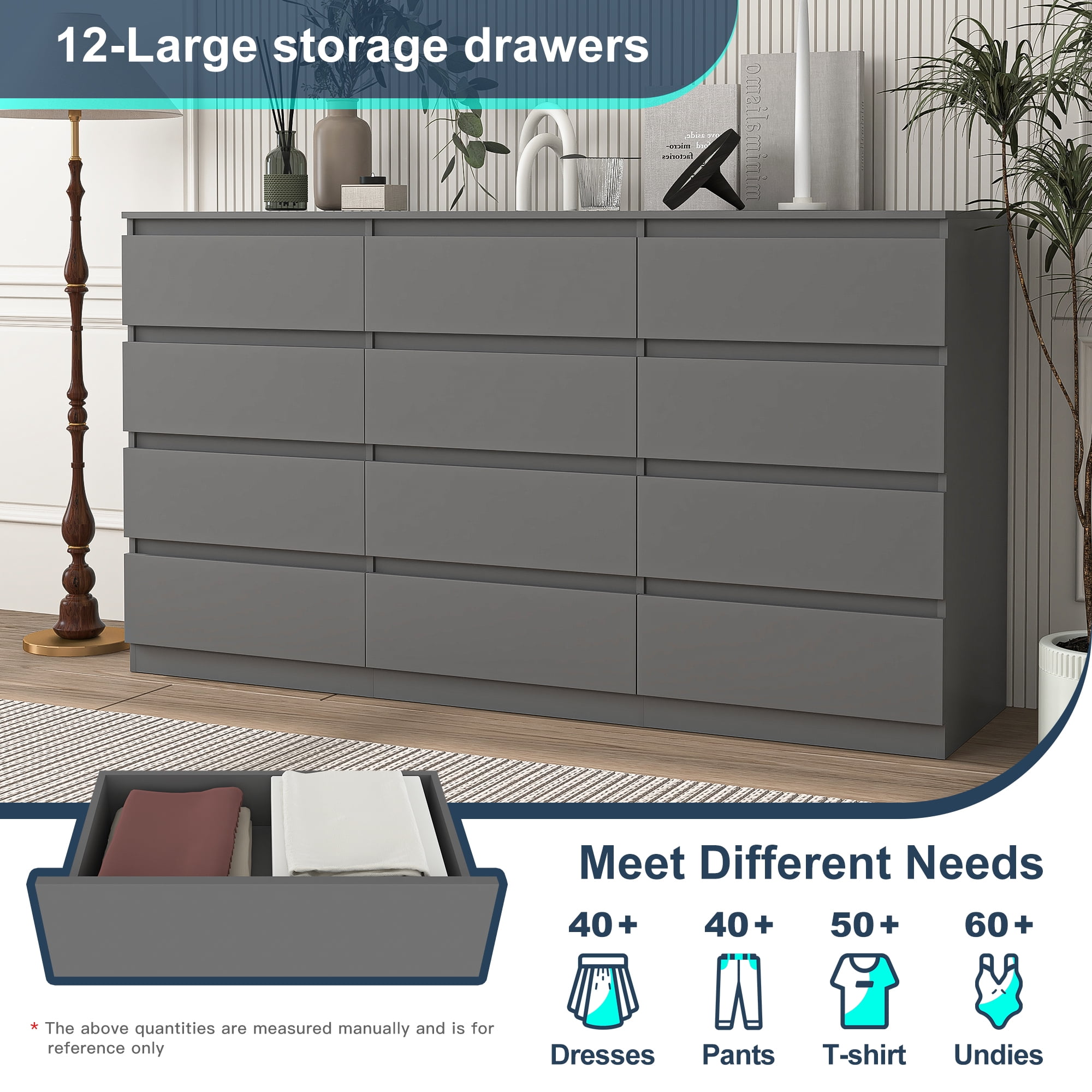 Demi Bonn 12 Drawer Double Dresser, Modern 12 Chest of Drawers with Deep Drawers, Wide Storage Organizer Cabinet for Living Room, Gray