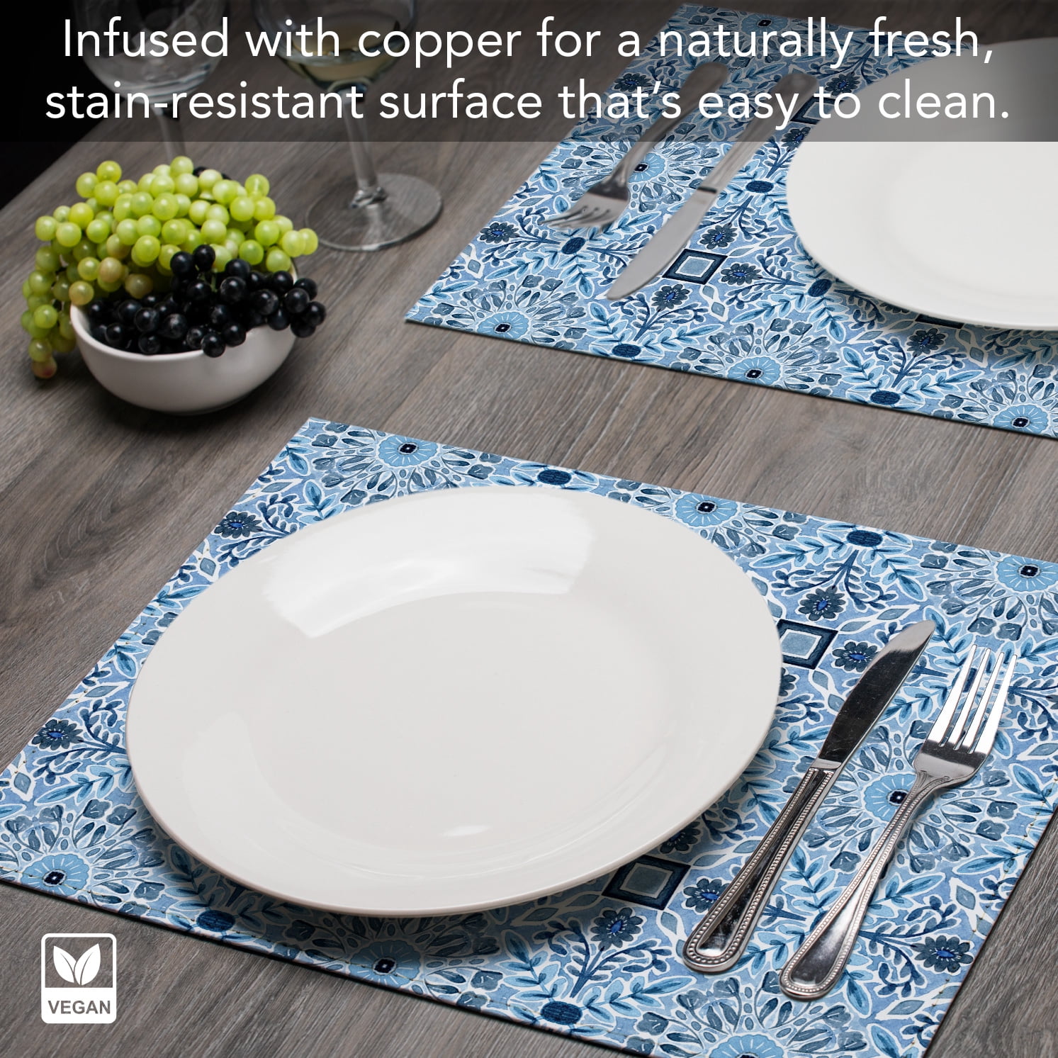 Luxurious Geo Floral Vegan Leather Placemats 4 Pack Look and Feel of Genuine Leather Infused with Copper