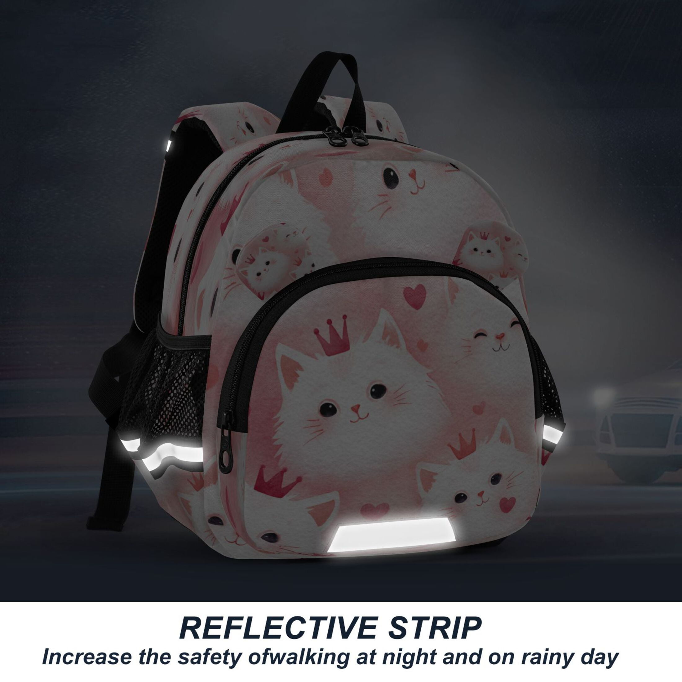 RMDQTR Adorable Ear-Print Backpack with Reflective Strip and Anti-Lost Leash Adjustable Shoulder Straps Mini Travel Backpack Adorable White Cat Faces