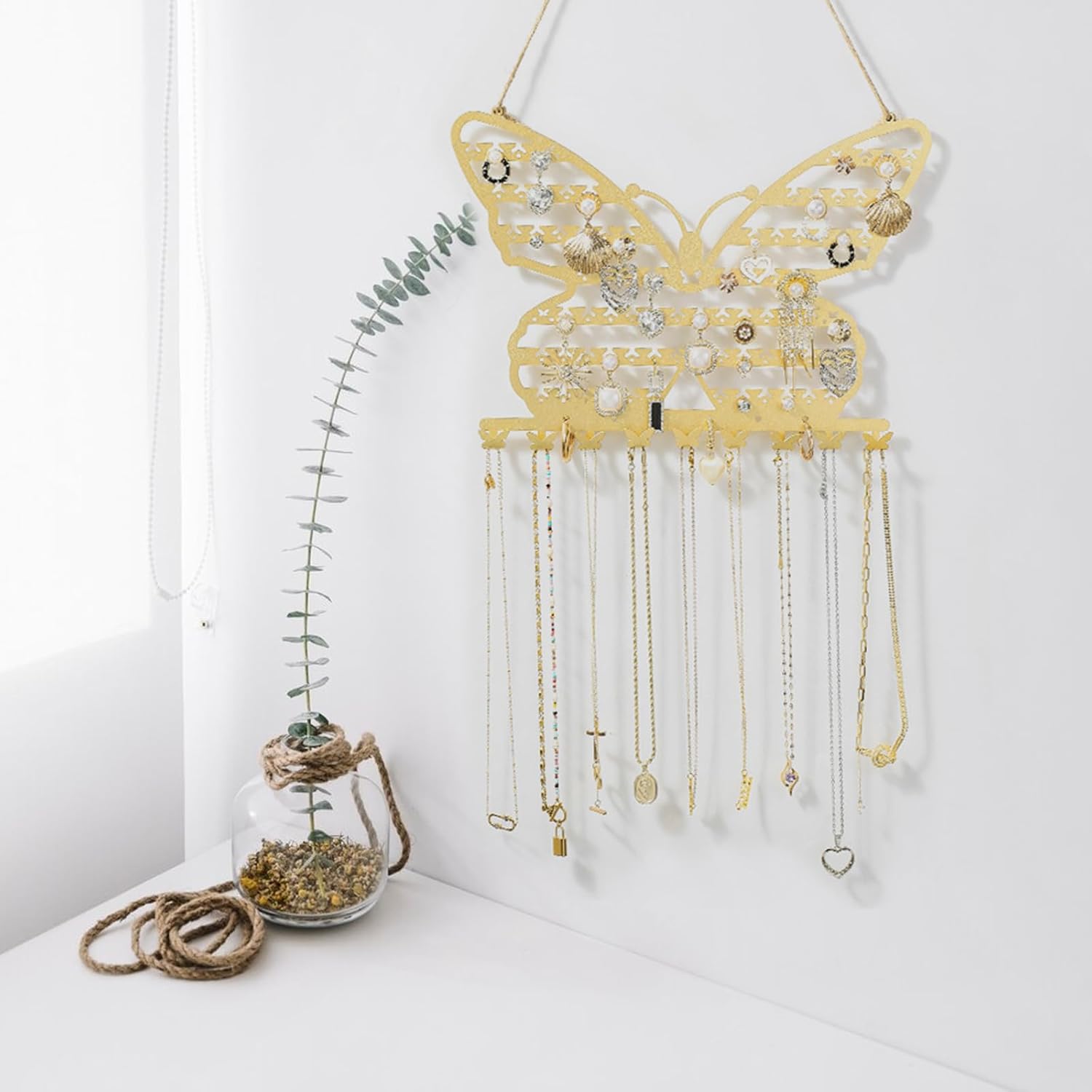 GYTY Butterfly Wall Mounted Jewelry Organizer, Metal Butterfly Earring Holder for Girls, Hanging Jewelry Organizer Display Decorative with Hooks for Necklaces Bracelets (B)