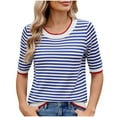 thumbnail image 2 of Fewfanhot Workout Tops for Women Summer Tops Casual Short Sleeve Striped Sweater Shirt Crewneck Color Block Knit Blouses, 2 of 7