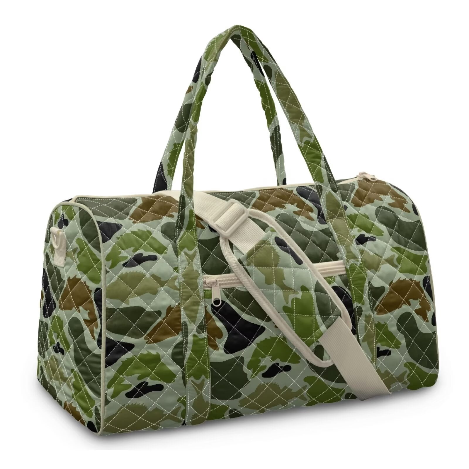 Garronmavis Camo Print Large Quilted Duffle Bag for Women, Travel Weekender Bag Overnight Gym Carry On Tote Bag with Zipper Pockets for Dance, Work & Trips