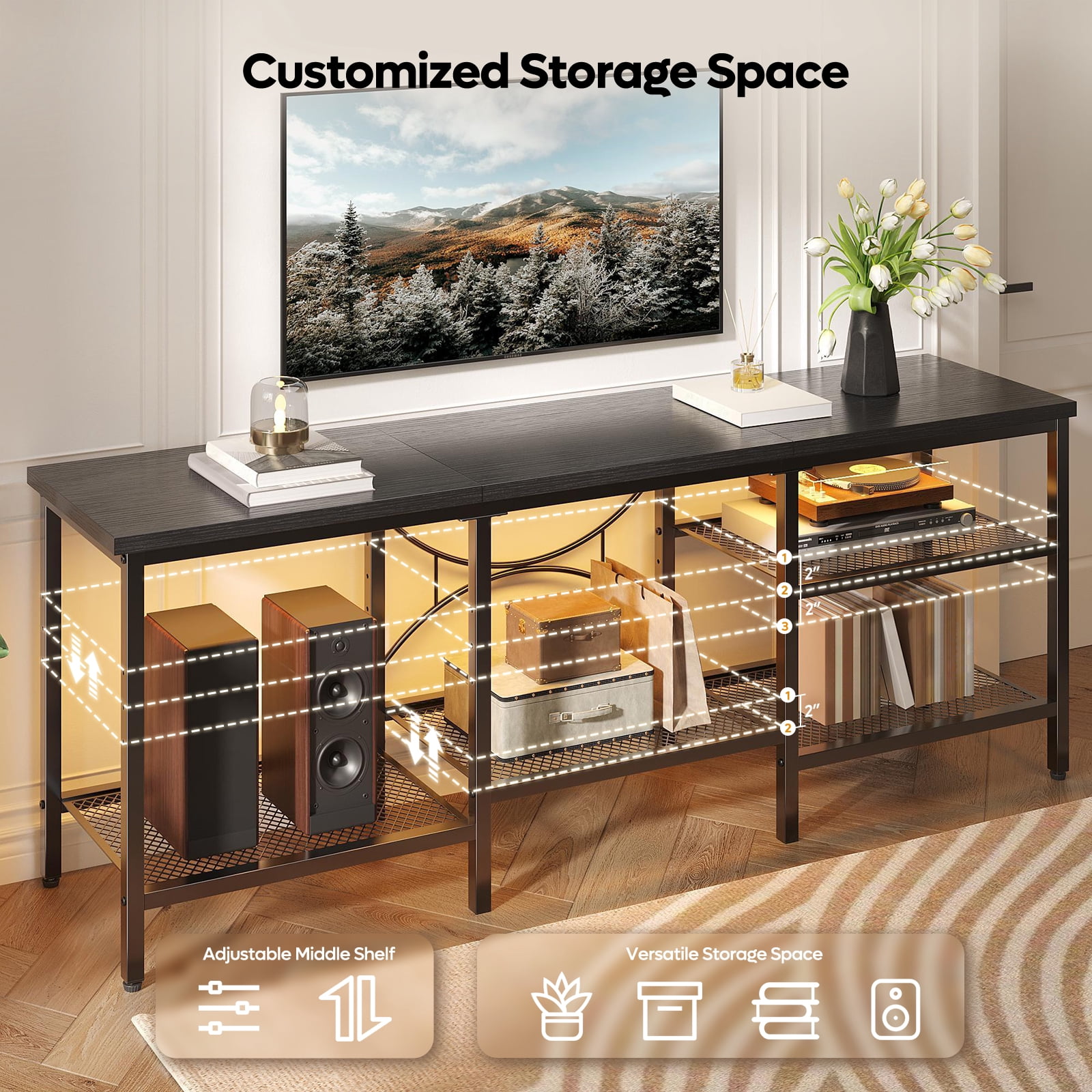 Pinmoco 63" TV Stand for TVs up to 70 Inch, LED Light Entertainment Center with Open Storage Shelves, TV Media Console Table for Living Room, Bedroom, Black