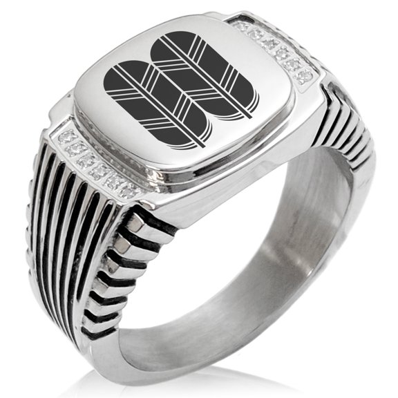 Stainless Steel Kikuchi Samurai Crest CZ Ribbed Needle Stripe Pattern Biker Style Polished Ring
