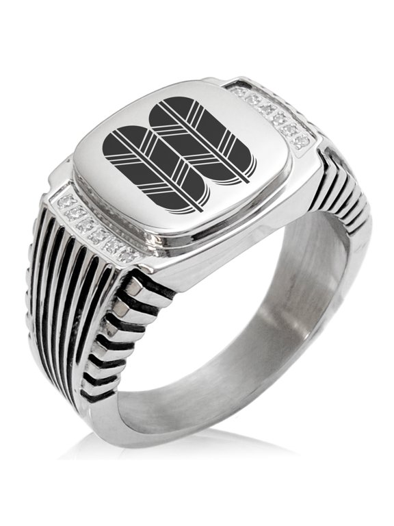 Stainless Steel Kikuchi Samurai Crest CZ Ribbed Needle Stripe Pattern Biker Style Polished Ring