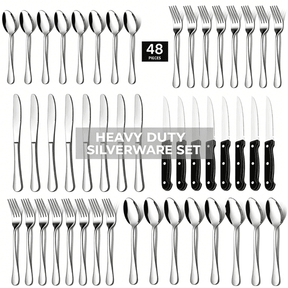 KUOSE 48-Piece Stainless Steel Silverware Set for 8 – Dishwasher Safe, Mirror Polished Forks, Knives, Spoons