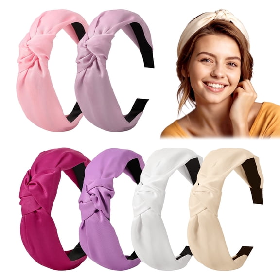 Abaima 6 Pack Satin Knot Headbands for Women, Wide Crossover Turban Hair Bands, Soft & Stretchy for Face Washing Skincare Makeup, White/Purple/Pink
