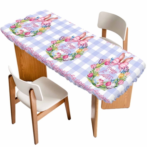 Happy Easter Table Cloths for 8 Foot Rectangle Tables, Rabbits Bows Spring Tulips Eggs Purple Plaid Patio Waterproof Elastic Fitted Tablecloths, Washable Rectangular Table Cover for Camping