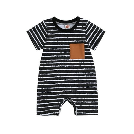 

Suanret Newborn Baby Boys Jumpsuit Short Sleeve Crew Neck Striped Romper Summer Bodysuit Clothes Black Stripes 0-3 Months