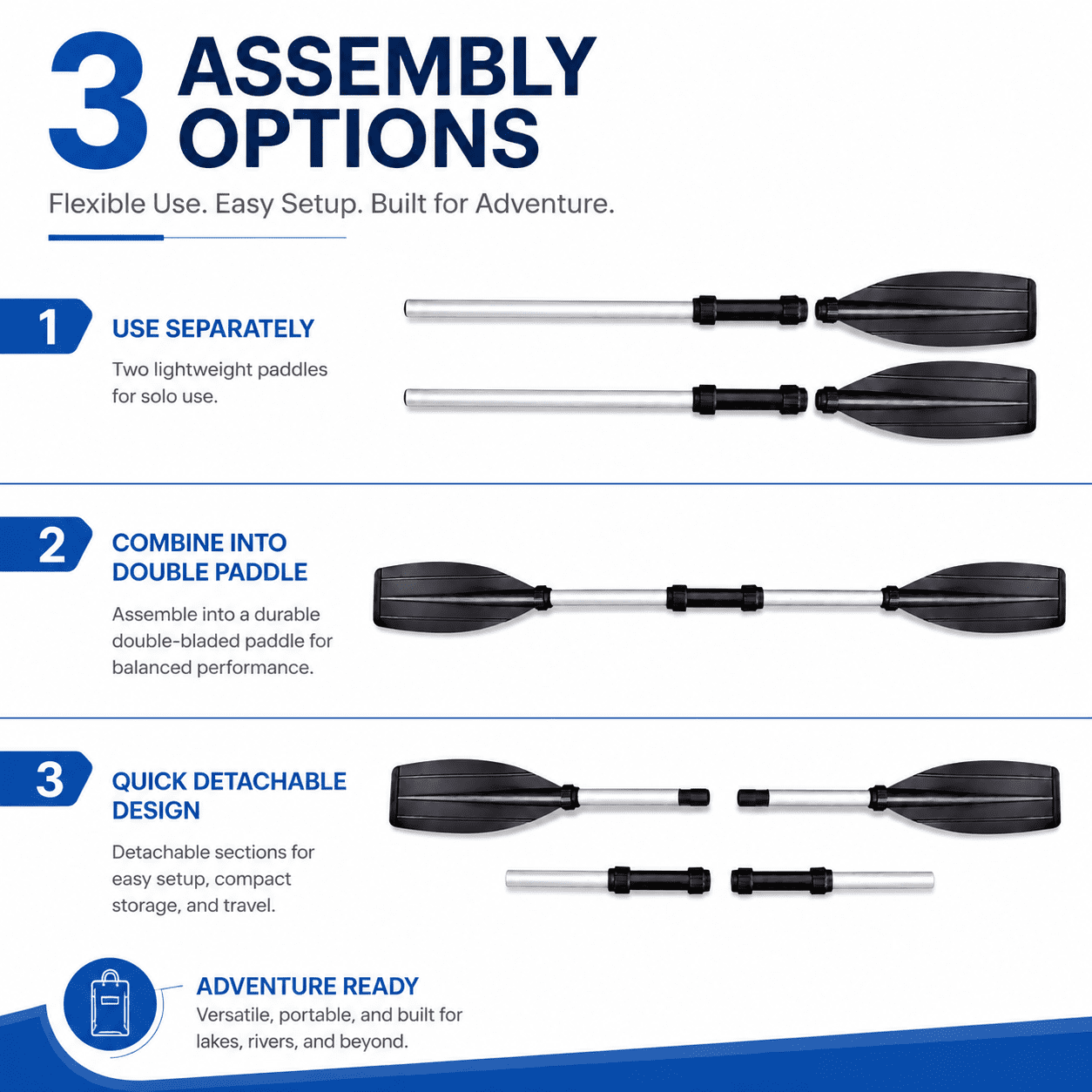 2 Pcs Kayak Paddles, Lightweight Detachable Paddle Set, 3 Assembly Options, for Kayaking, Canoeing, Fishing & Boating