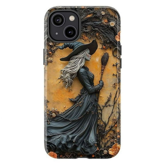 Witching Hour Elegant Witch & Autumn Vibes iPhone Case – Mystical Black Dress & Broom Design, Durable Protective Cover for iPhone 16 15 14 13 12 11 Mini Pro Max