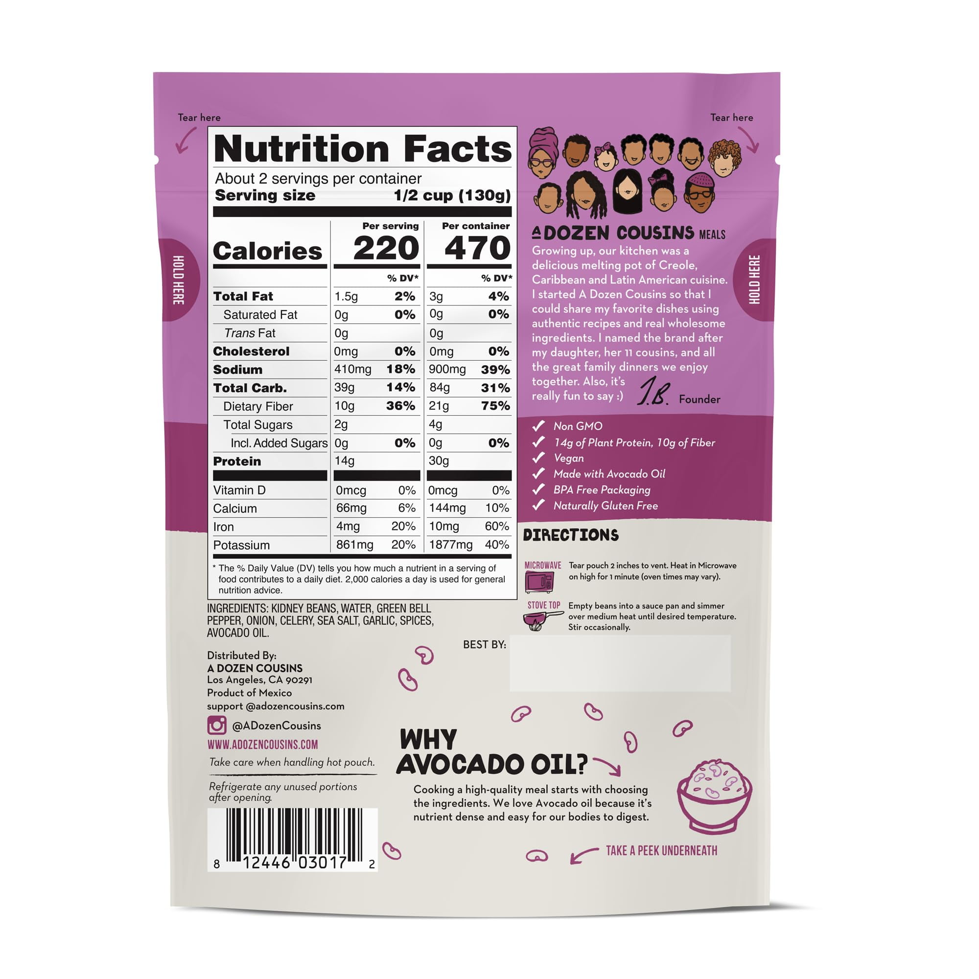 A Dozen Cousins Seasoned Beans, Microwaveable, Vegan and Non-GMO Meals Ready to Eat Made with Avocado Oil (Creole Red Beans, 6 Pack)
