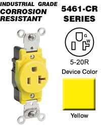 Straight Blade Corrosion Resistant Leviton 5361-CR 20 Amp Industrial Grade Yellow Narrow Body Single Receptacle 125 Volt Grounding