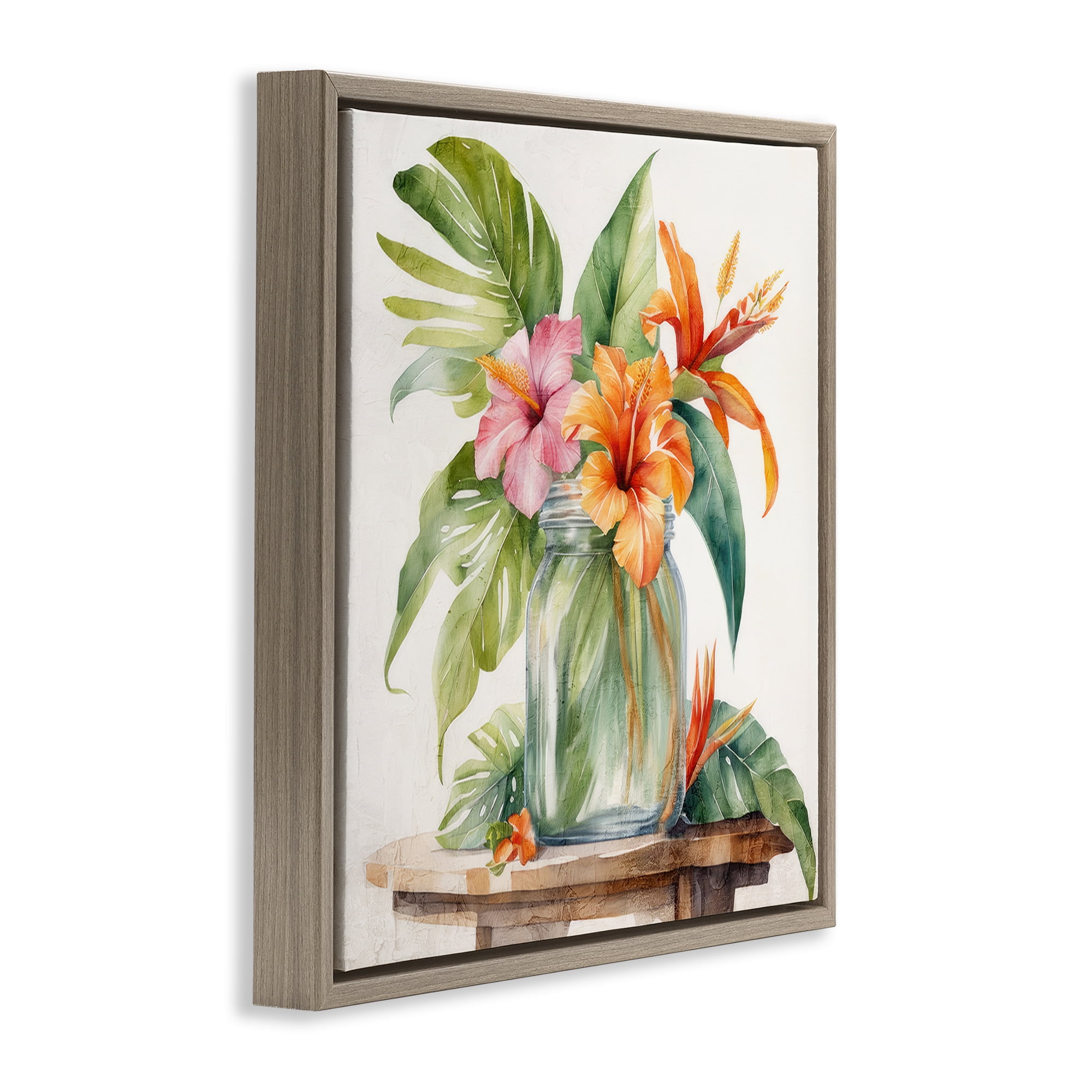 Stupell Industries Tropical Floral Jar Plants & Flowers Painting Brown Floater Framed Canvas Art Print Wall Art, 25 x 25