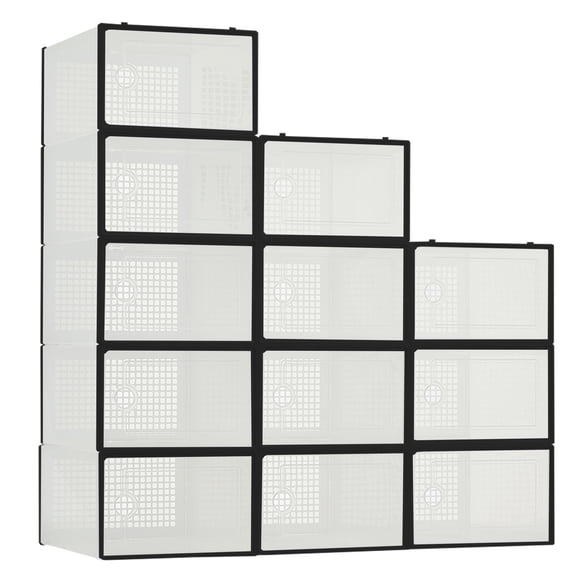 Garvee 12 Pack Clear Plastic Foldable Shoe Boxes, Stackable Shoe Storage Organizers with Lids for Closet, Entryway and Bedroom, Black