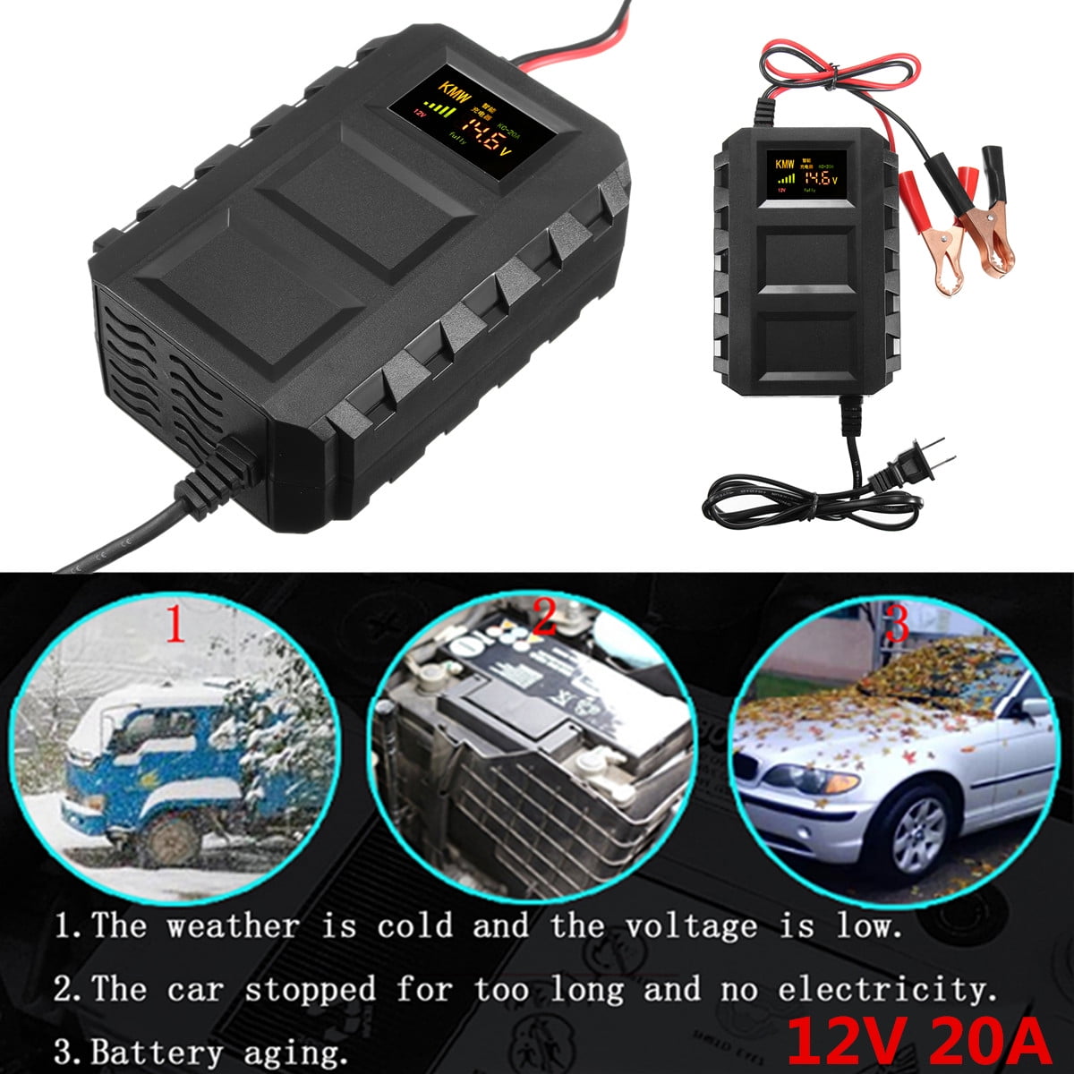 Portable Motorcycle Car Battery Charger Intelligent Adapter 12V 20A Smart Battery Charger Battery Charger and Maintainer