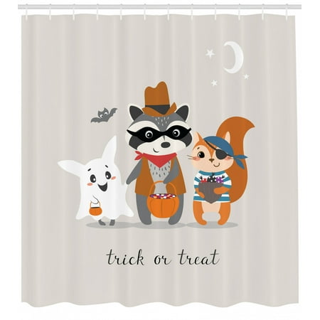 Ghost Shower Curtain, Trick or Treat Quote with Happy Forest Animals on Halloween Costumes Moon and Stars, Fabric Bathroom Set with Hooks, 69W X 70L Inches, Multicolor, by Ambesonne