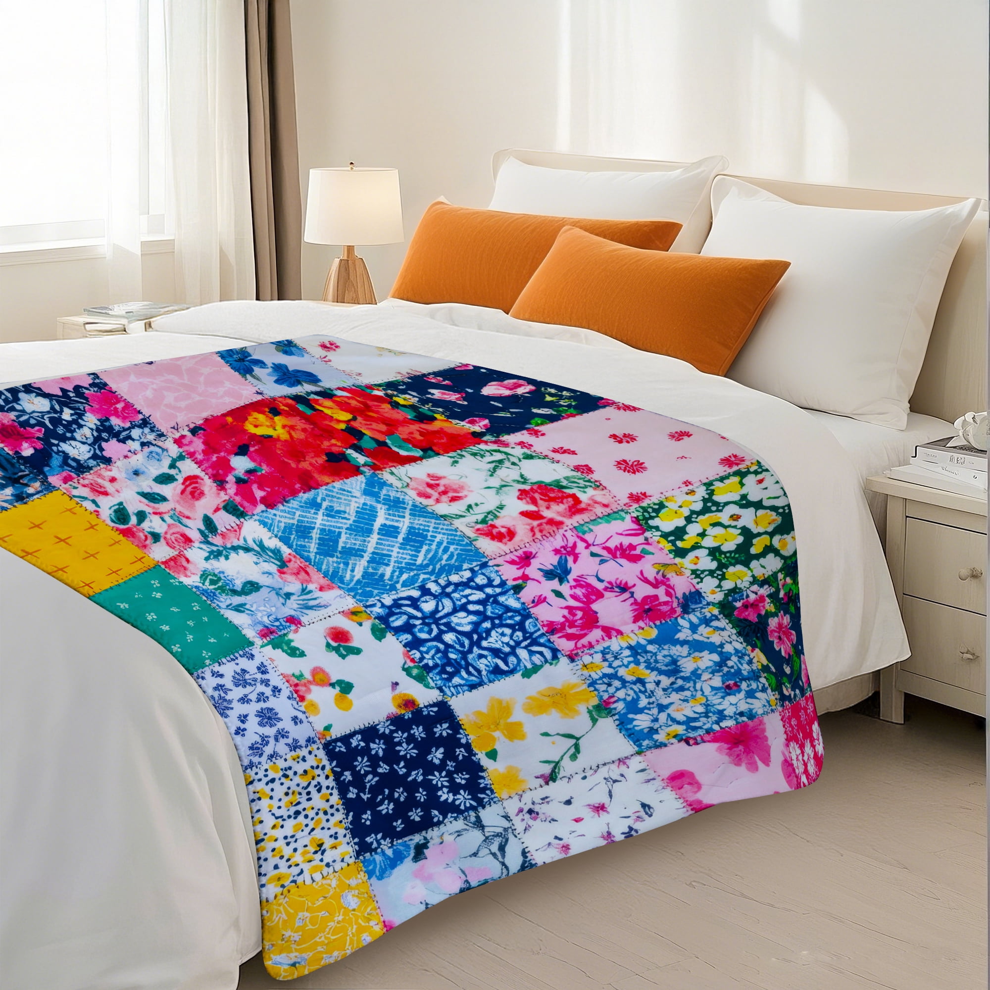 Sherpa Fleece Throw Blanket 50"x60" Reversible Plush Fluffy Blanket, Double-Layer Super Soft Flannel Blanket for Sofa, Couch, Bed, Patchwork Floral Pattern