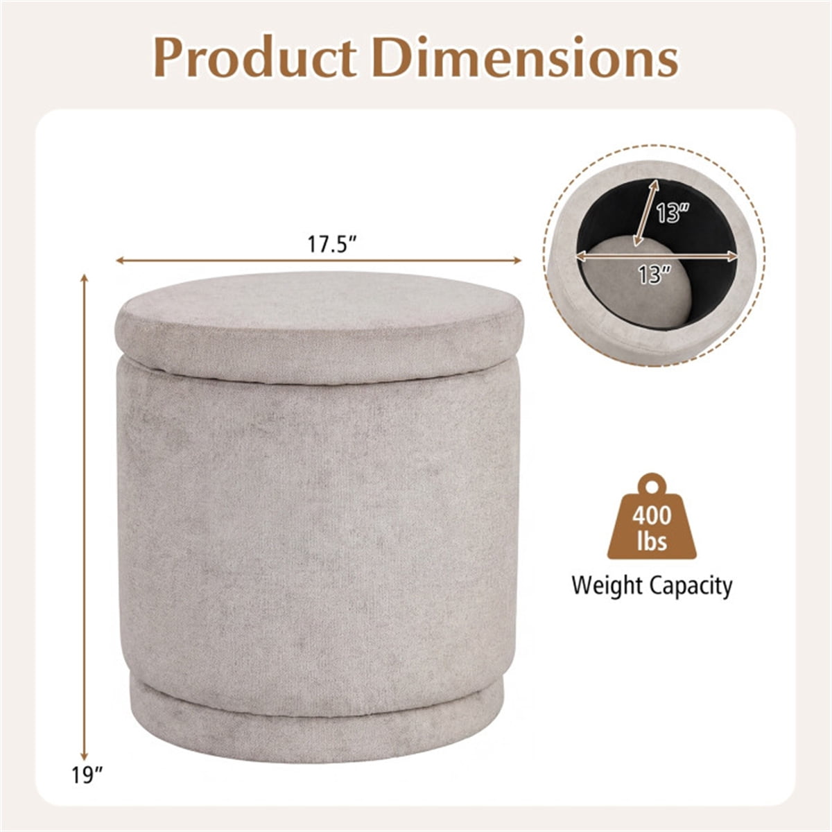 18 Inch Beige Storage Ottoman Foot Rest Acacia Wood Frame