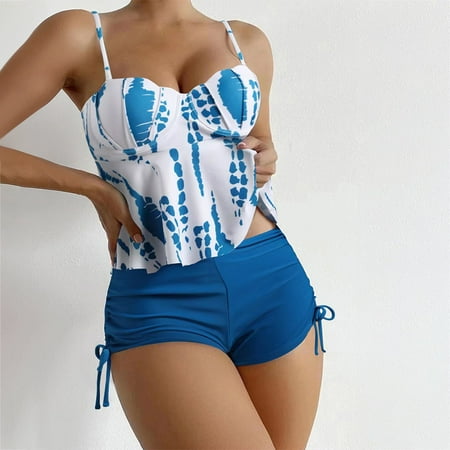 IDALL Bikini Sets Bathing Suit Women s Tankini Swimsuits Two Piece Halter Bathing Suits Tiered Flounce Top With Boyshorts Swimwear Womens Swimsuits Womens Swimwear Blue S