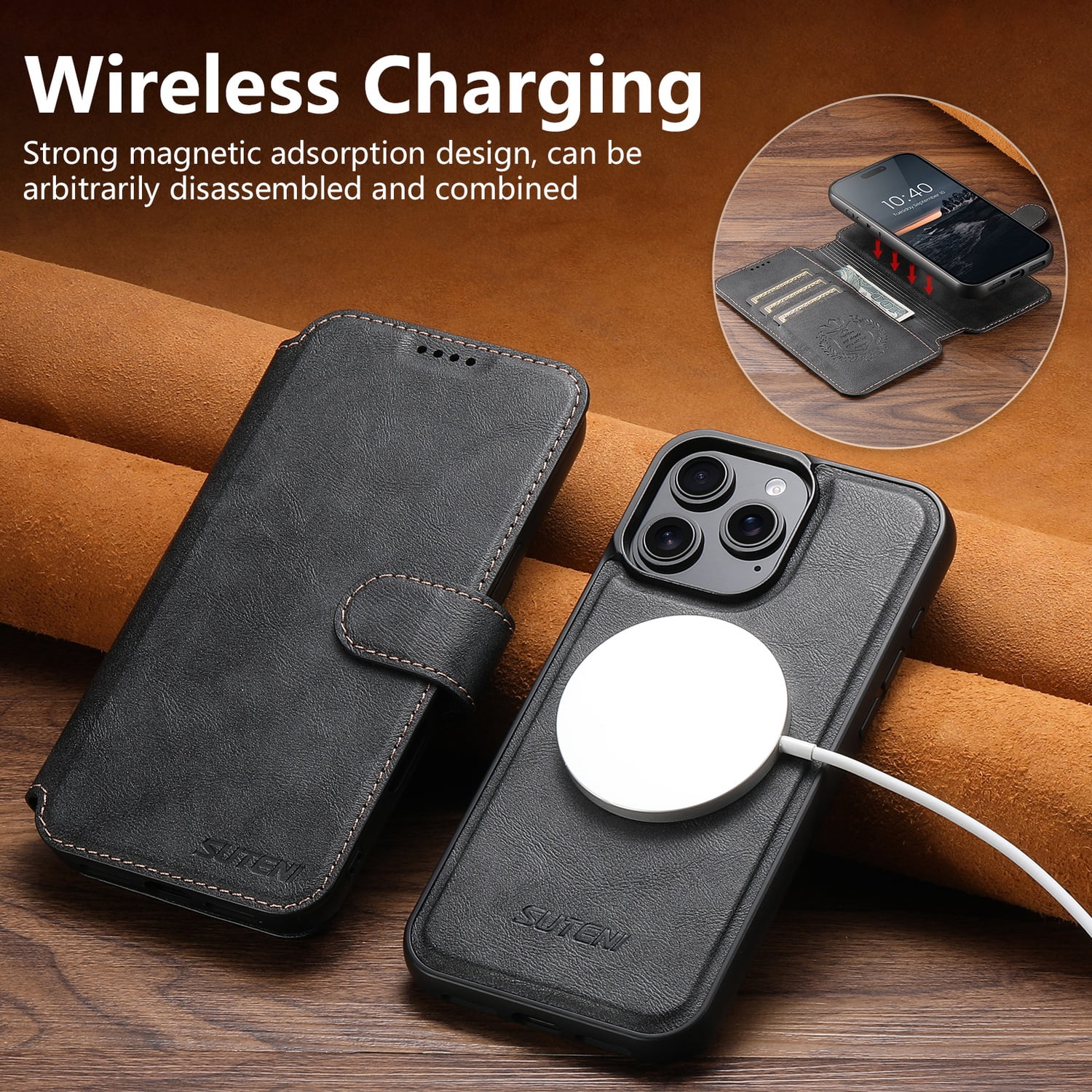 for iPhone 14 Pro Max Detachable Wallet Case, PU Leather Magnetic Cover Support Wireless Charging & Magnetic Car Mount, Card Slots Holder, Flip Stand, Folio Full Body Protective Phone Shell, Black