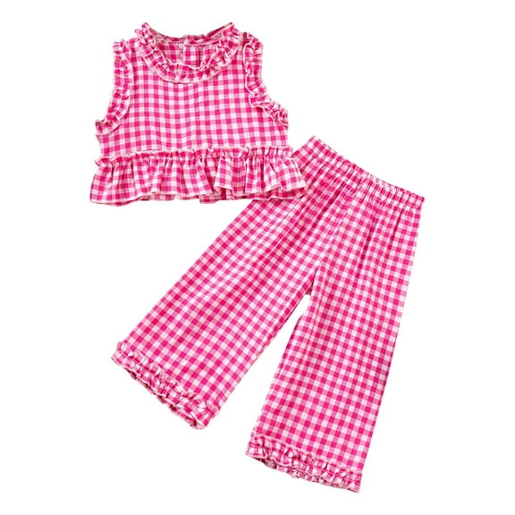 vdgthytj Toddler Baby Girls Summer Outfits Cute Plaid Ruffle Sleeveless Tank Top and Wide Leg Pants 2 Piece Sets