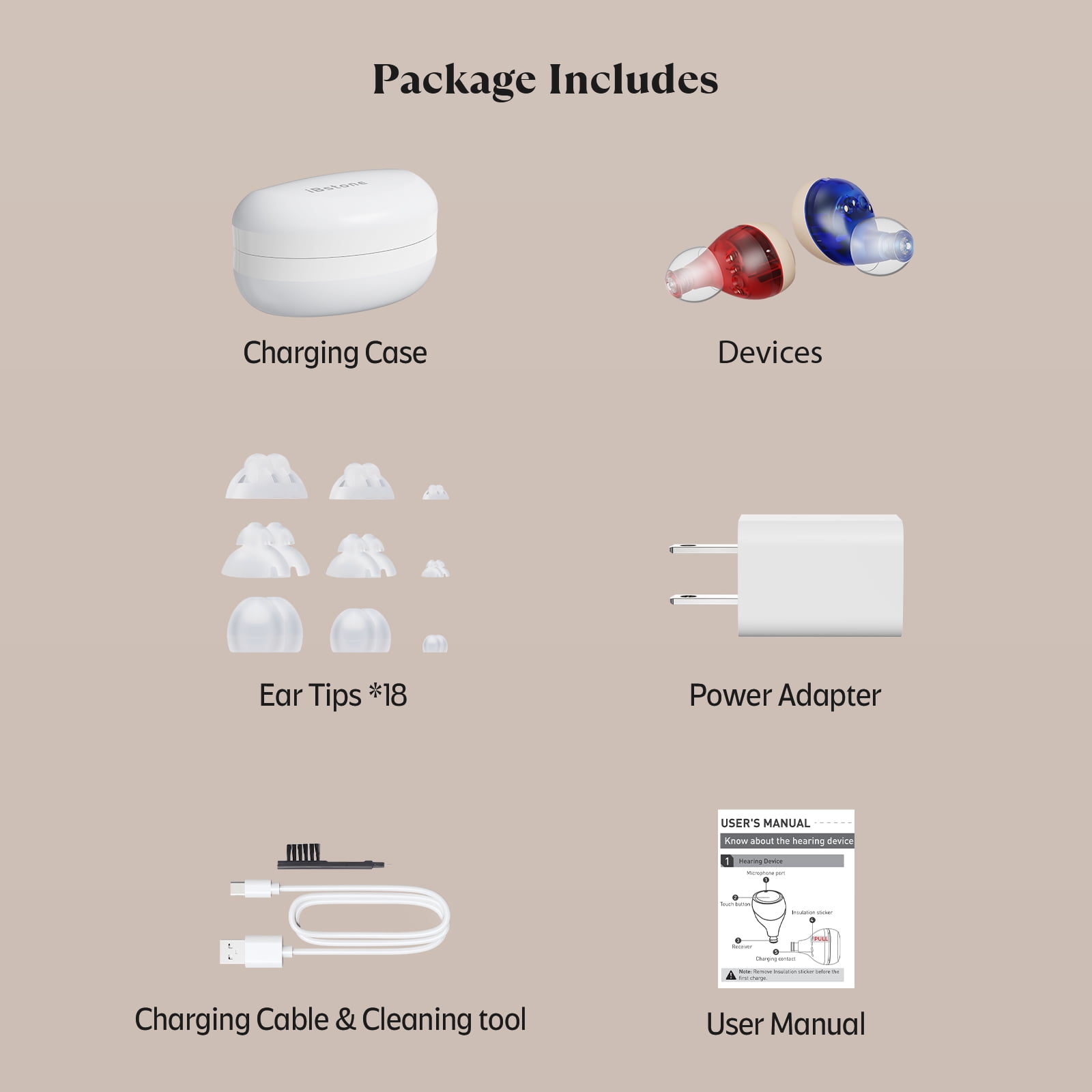 iBstone K21 Rechargeable hearing aids for Seniors Adults, 4 Programs for Experience, with Charging Case, Blue & Red, Pair