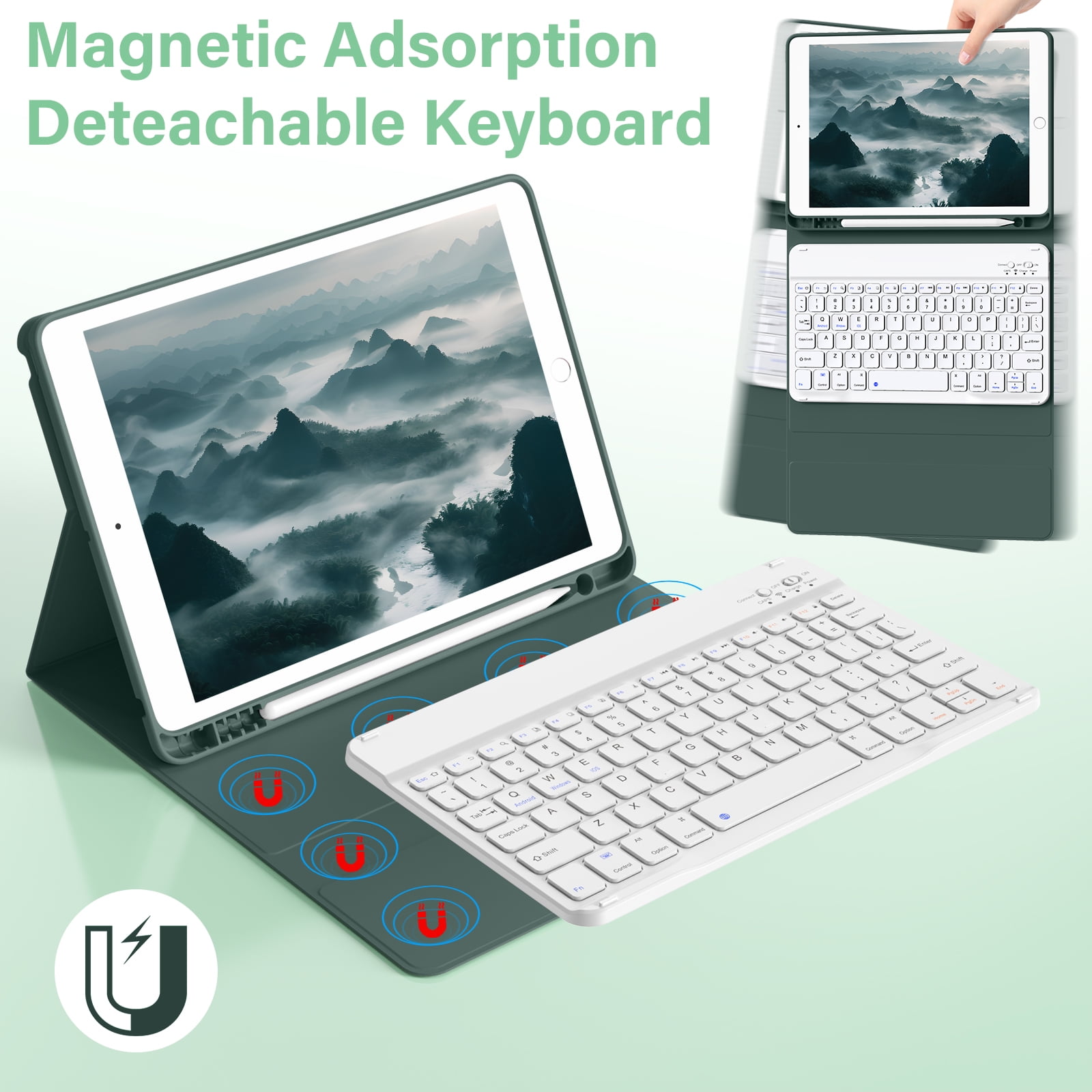KenKe Keyboard Case for iPad 9th Generation 2021/8th Gen 2020/7th Gen 2019 10.2 Inch, Detachable Wireless Bluetooth Keyboard, Stand Folio Keyboard Cover with Pencil Holder, Auto Sleep/Wake, Dark Green