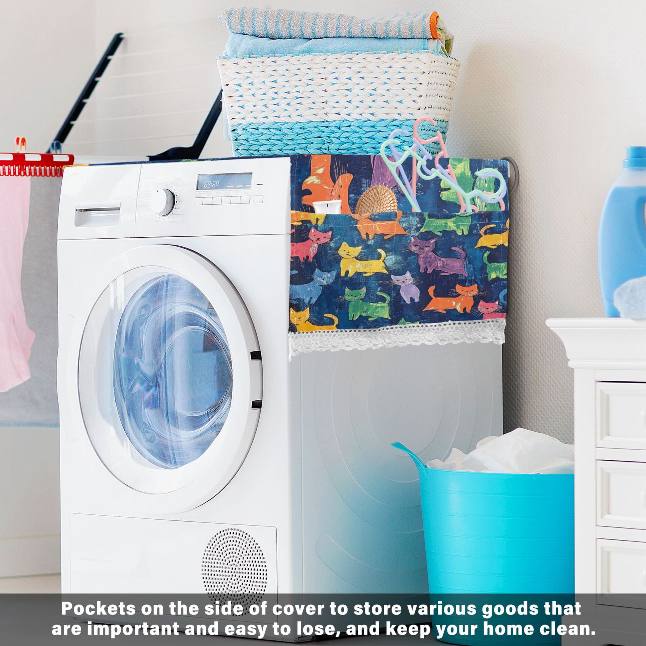 Colorful CatsWasher and Dryer Covers Dust-Proof and Oil Resistant Fridge Cover with 4 Storage Pockets Washing Machine Top Cover for Laundry Kitchen Home 51.2 x 22 In