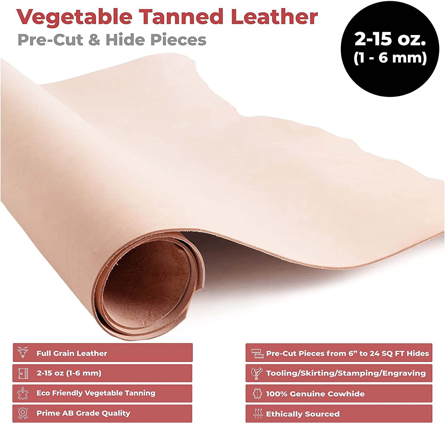 Full Grain Vegetable Tanned Leather Hand and Leather Craft 24″x24″ A Grade Tooling Leather Hide 2.0-2.4 mm Veg Tan Leather 5/6 oz Carving Dyeing Molding Tooling 